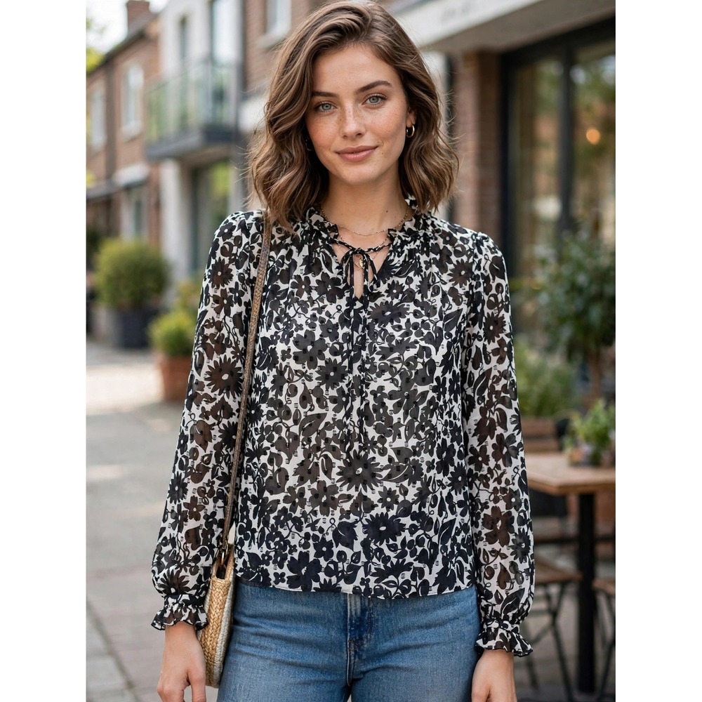 Boden Black White Floral Ruffle Neck Blouse W0036 Size US 4 UK 8